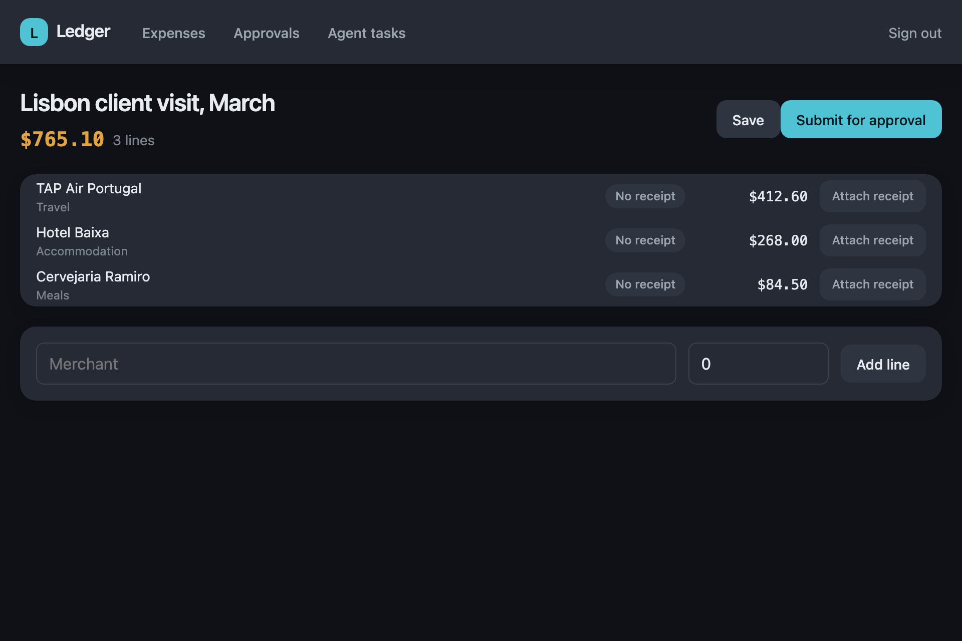 The agent-expenses sample, running: A report, line by line, with its receipts