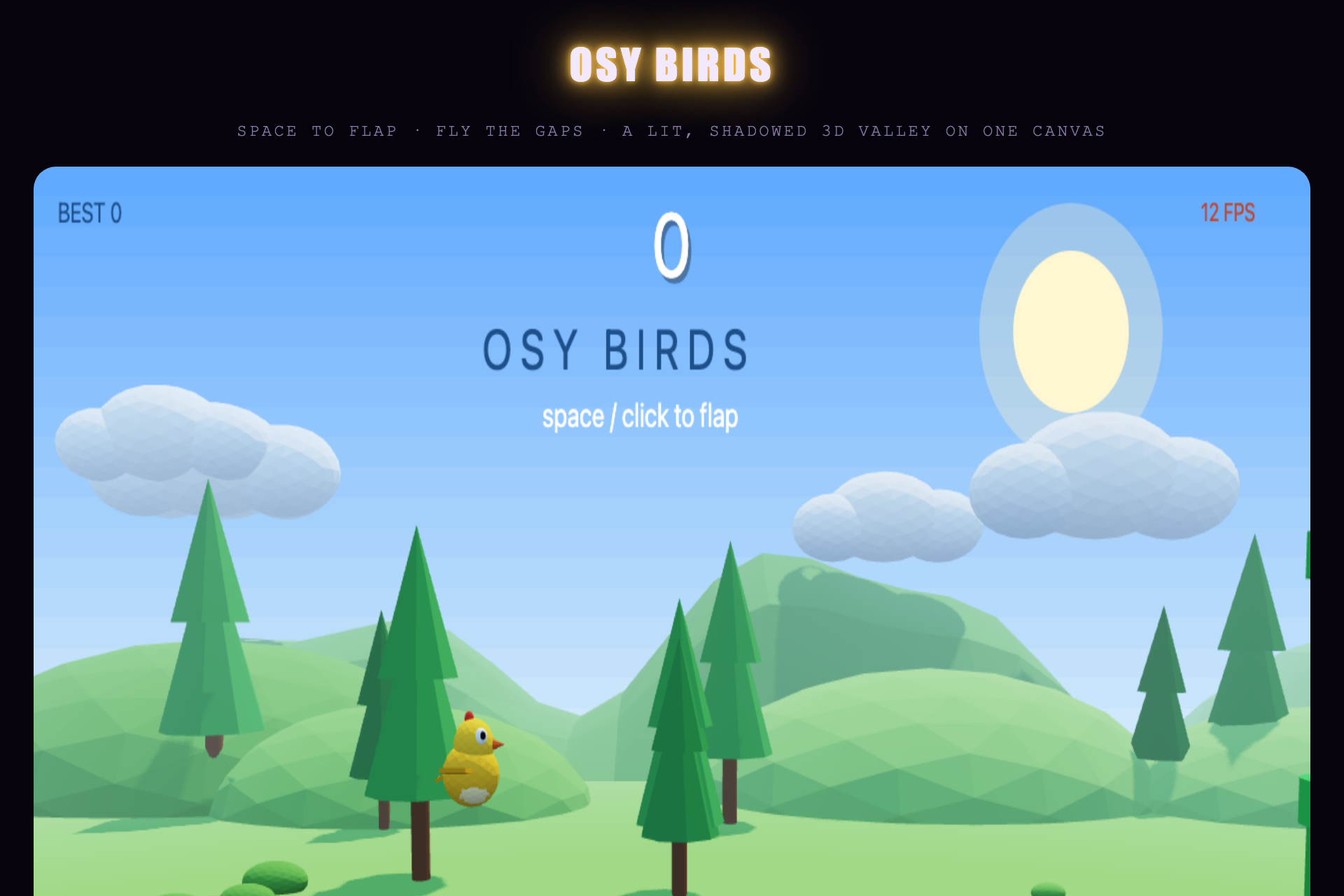 The arcade sample, running: Birds — a lit low-poly valley