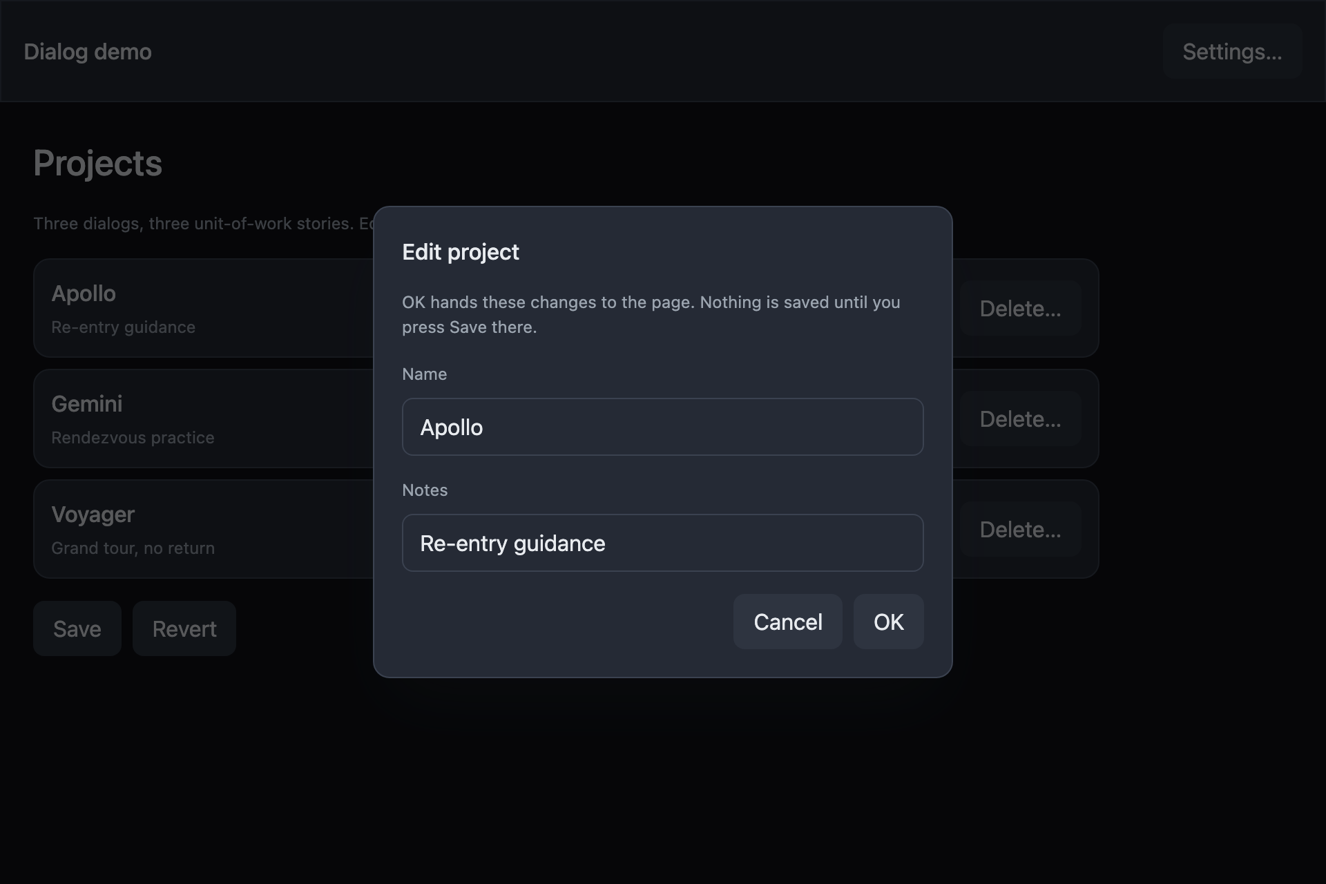 The dialog-demo sample, running: An edit dialog in front of the page