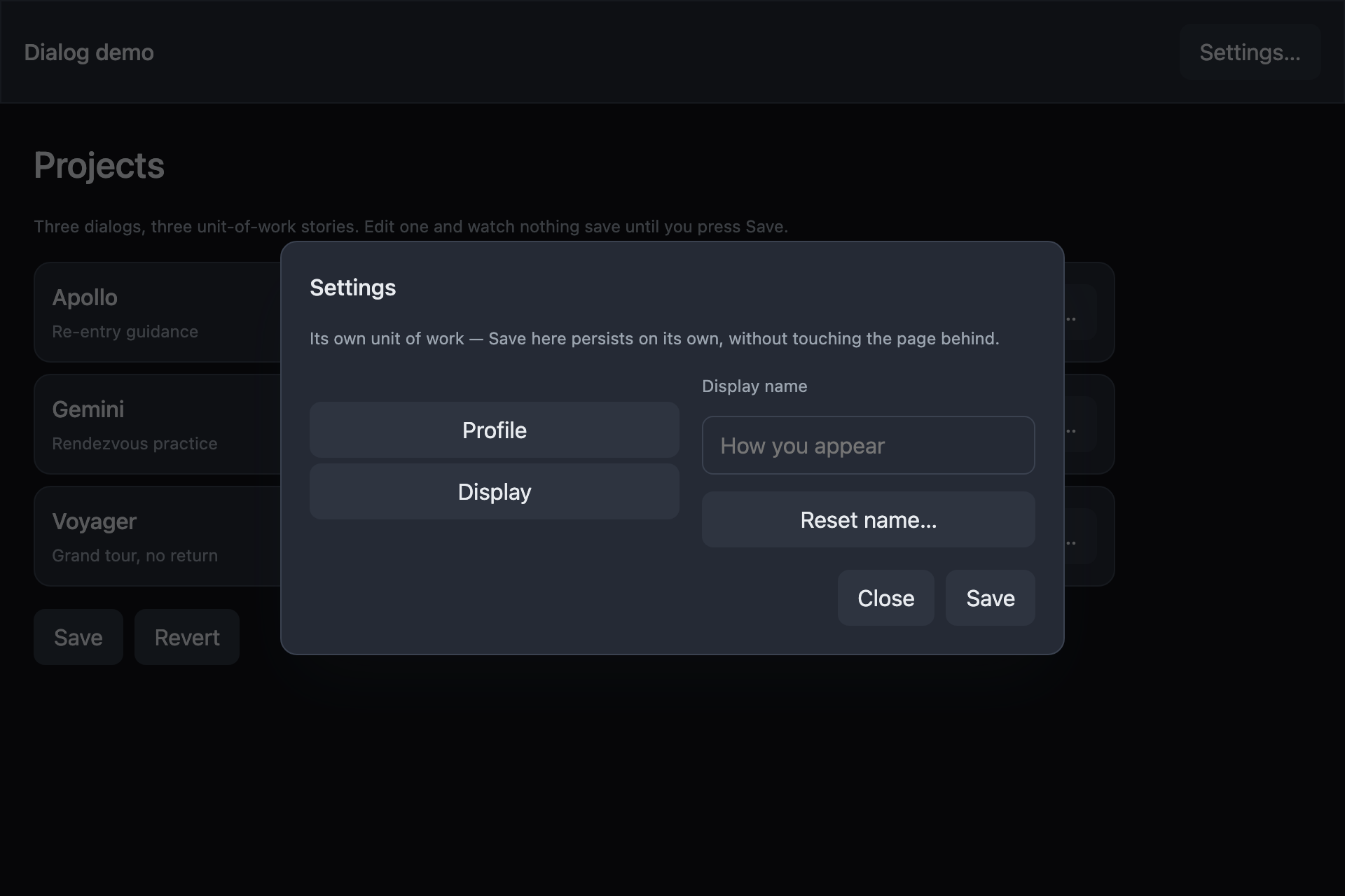 The dialog-demo sample, running: Settings — a dialog that opens a dialog