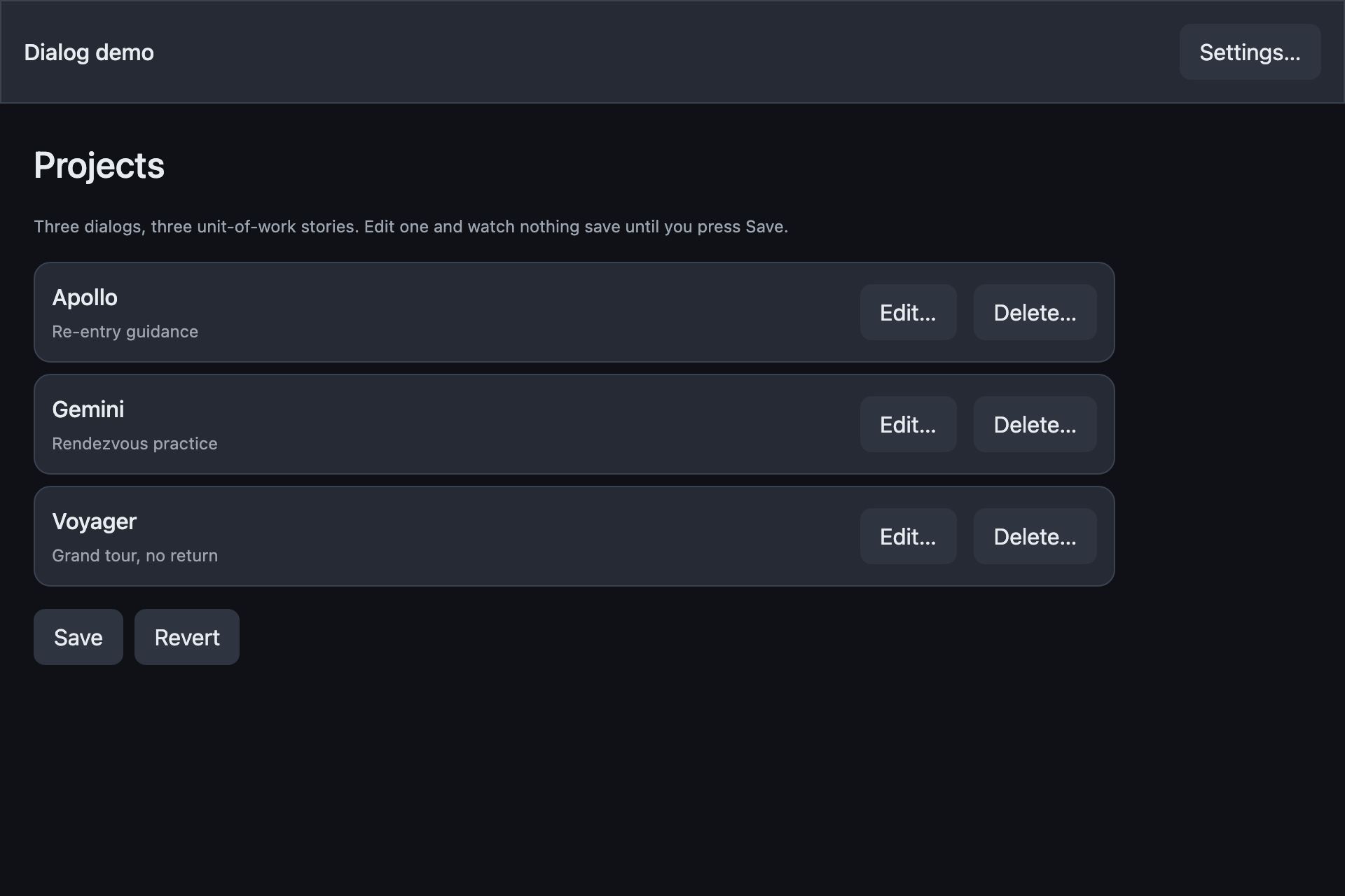 The dialog-demo sample, running