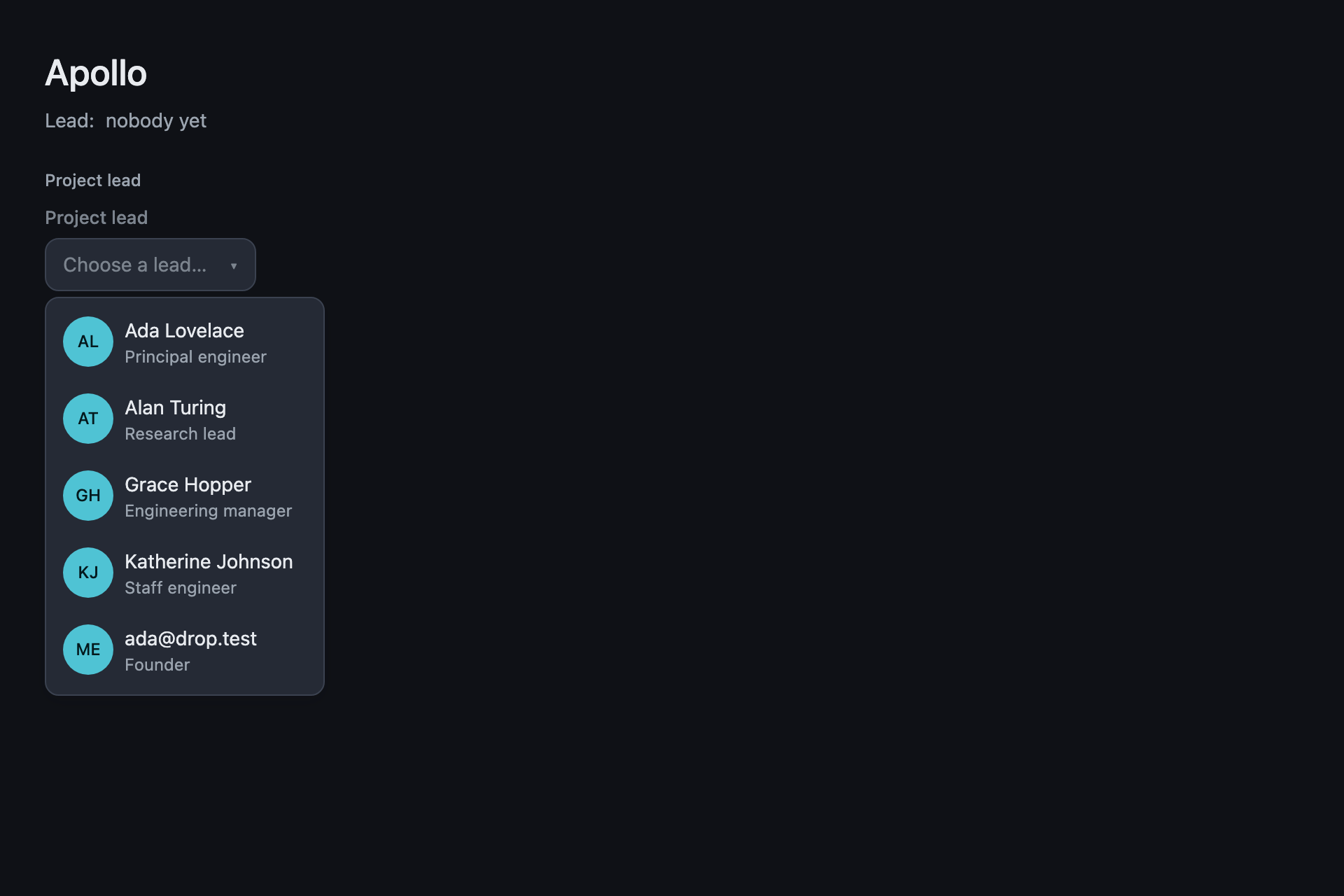 The dropdown-demo sample, running: The list, open — each person with their own details