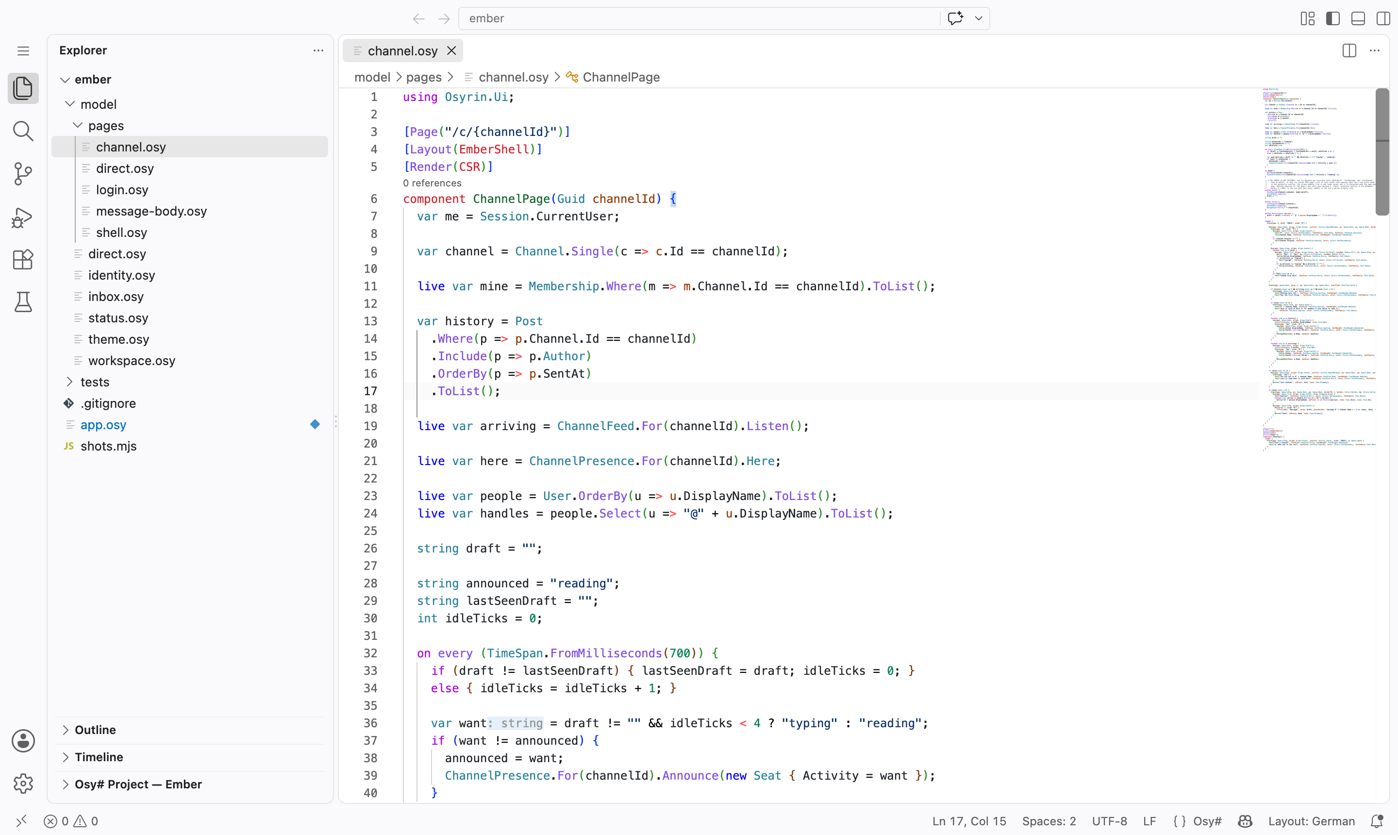 An Osy# page in VS Code with semantic colouring, an inlay hint and a code lens