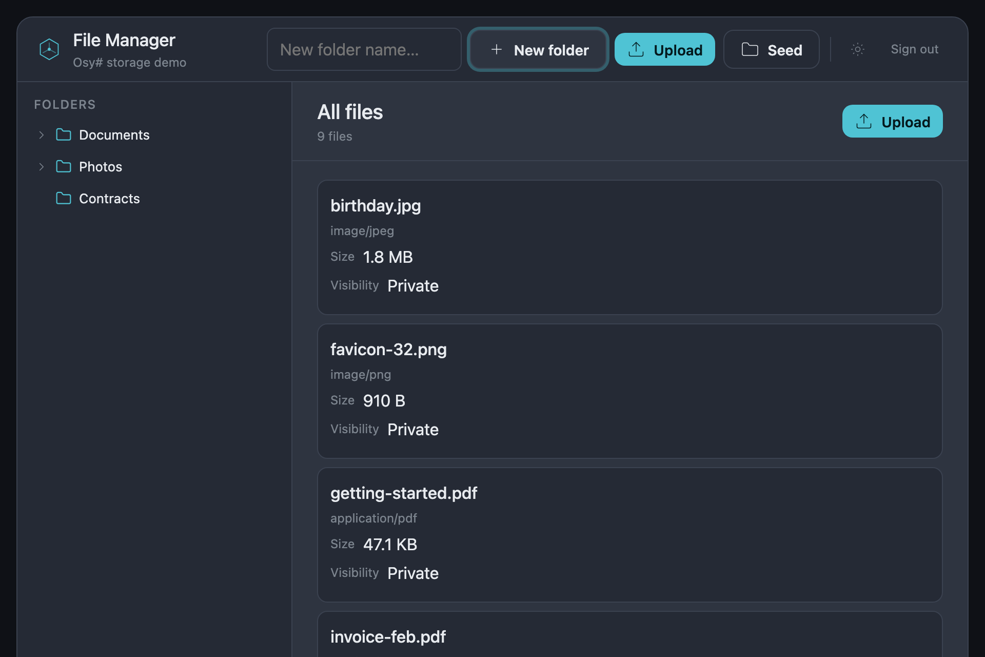 The file-manager sample, running: A new folder, from the page's own control