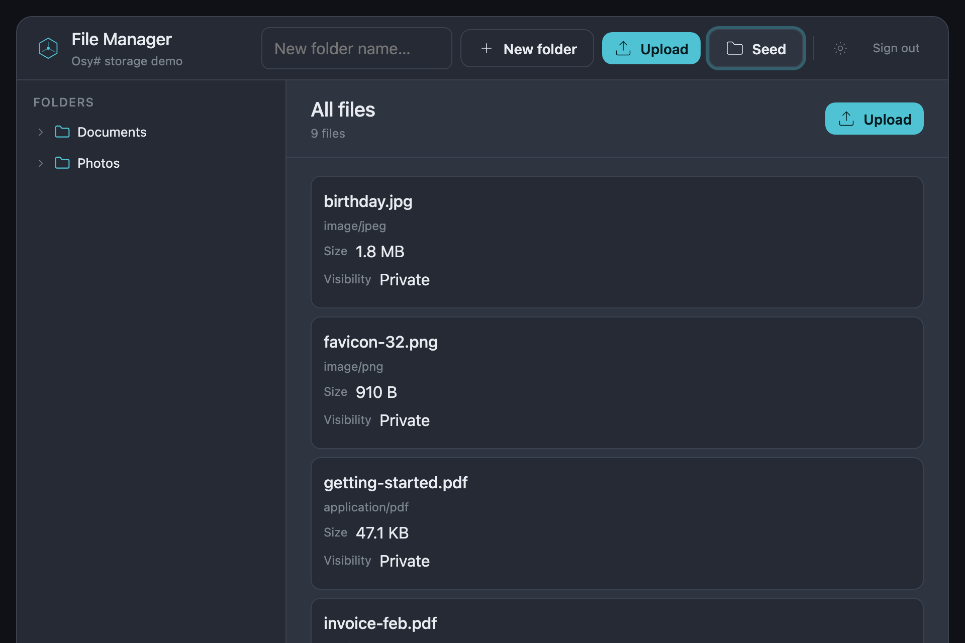 The file-manager sample, running