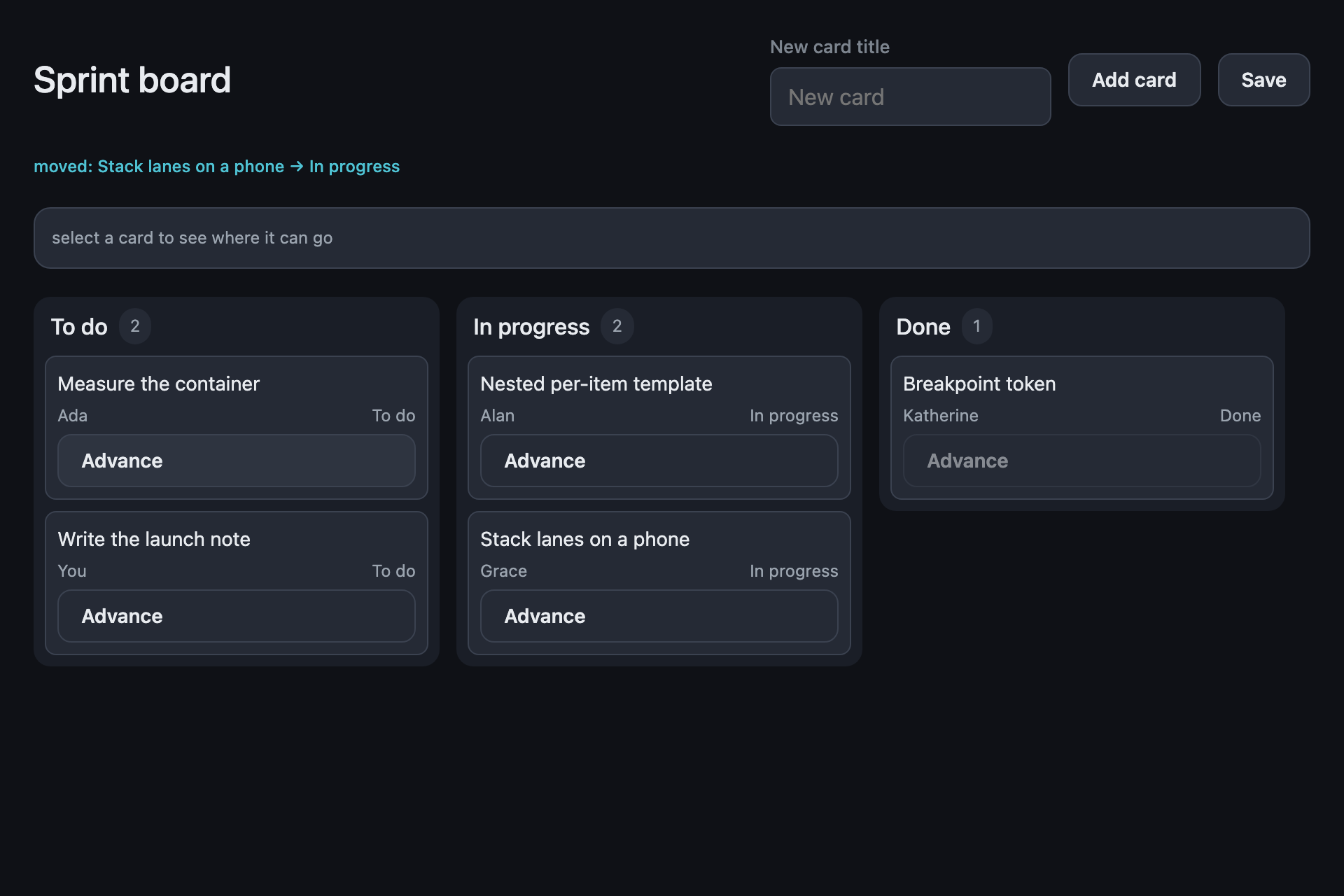 The kanban sample, running: A card advanced into the next lane