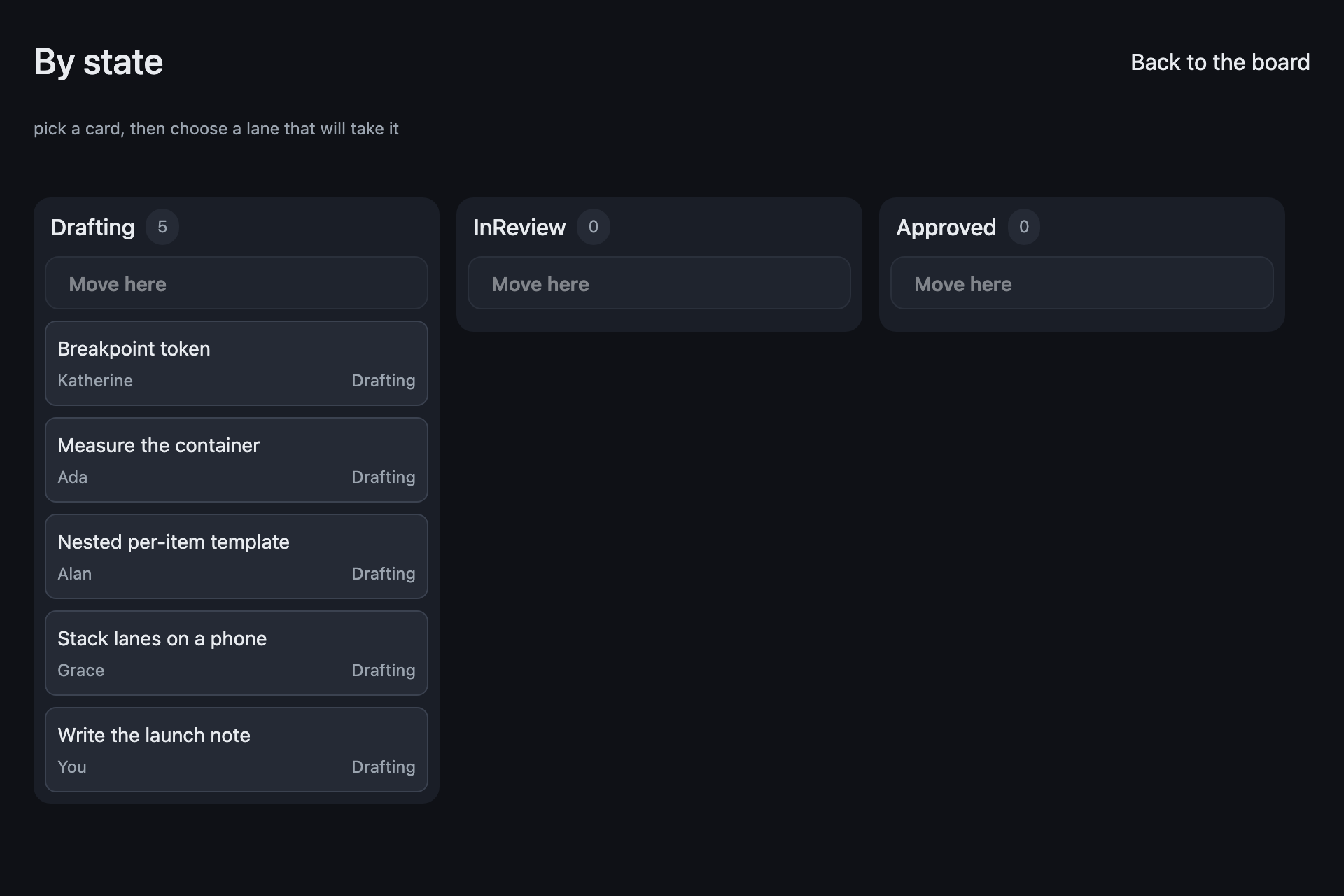 The kanban sample, running: The states page — the workflow behind the lanes
