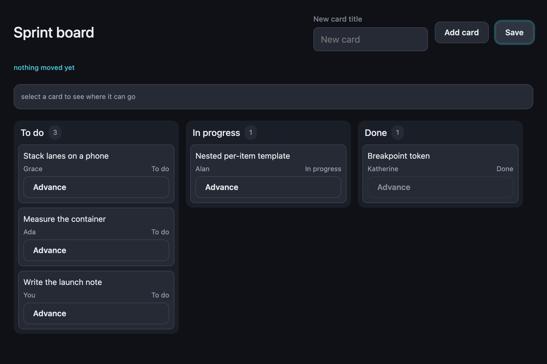 The kanban sample app running locally