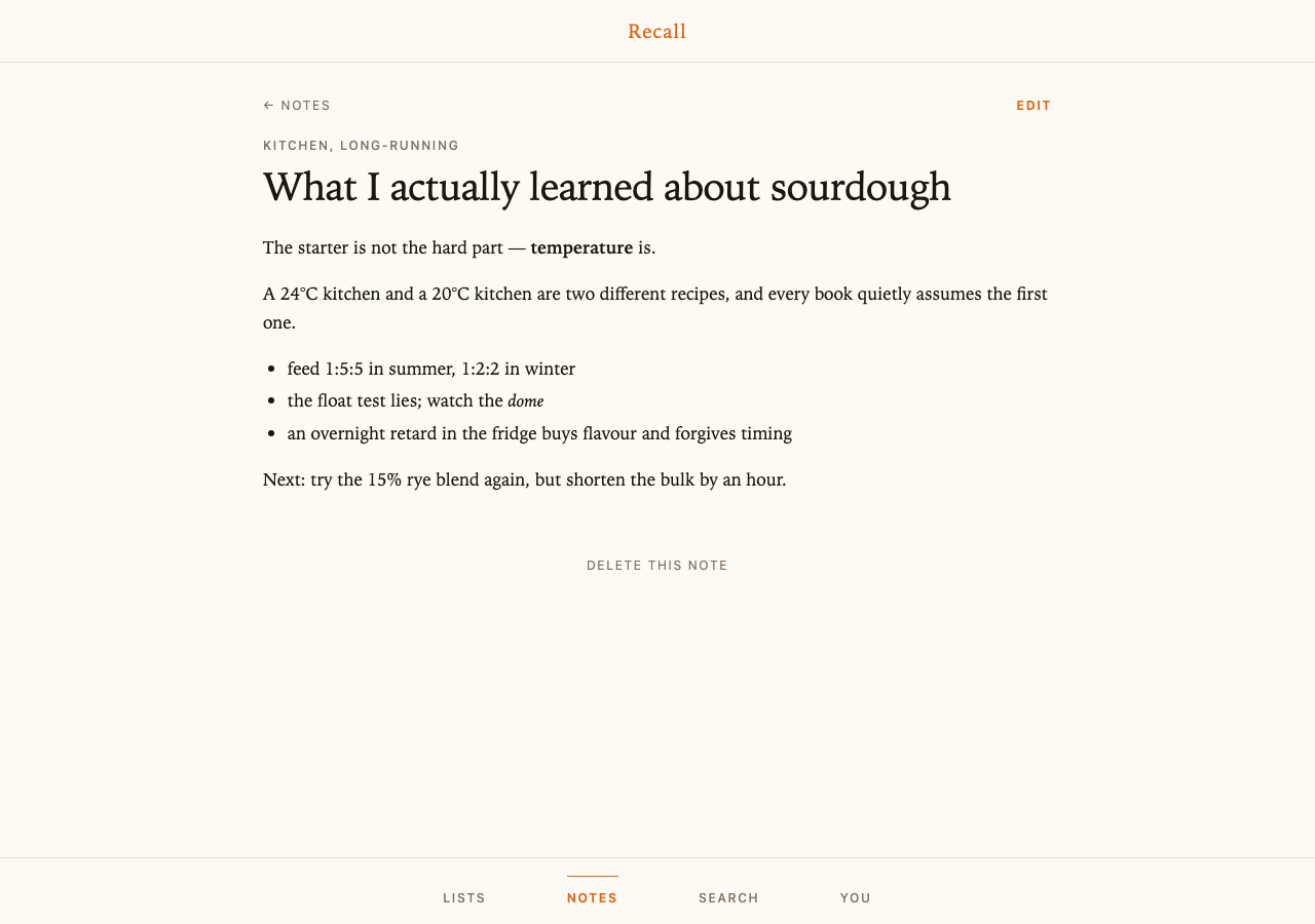 A notes app set in a serif on cream paper