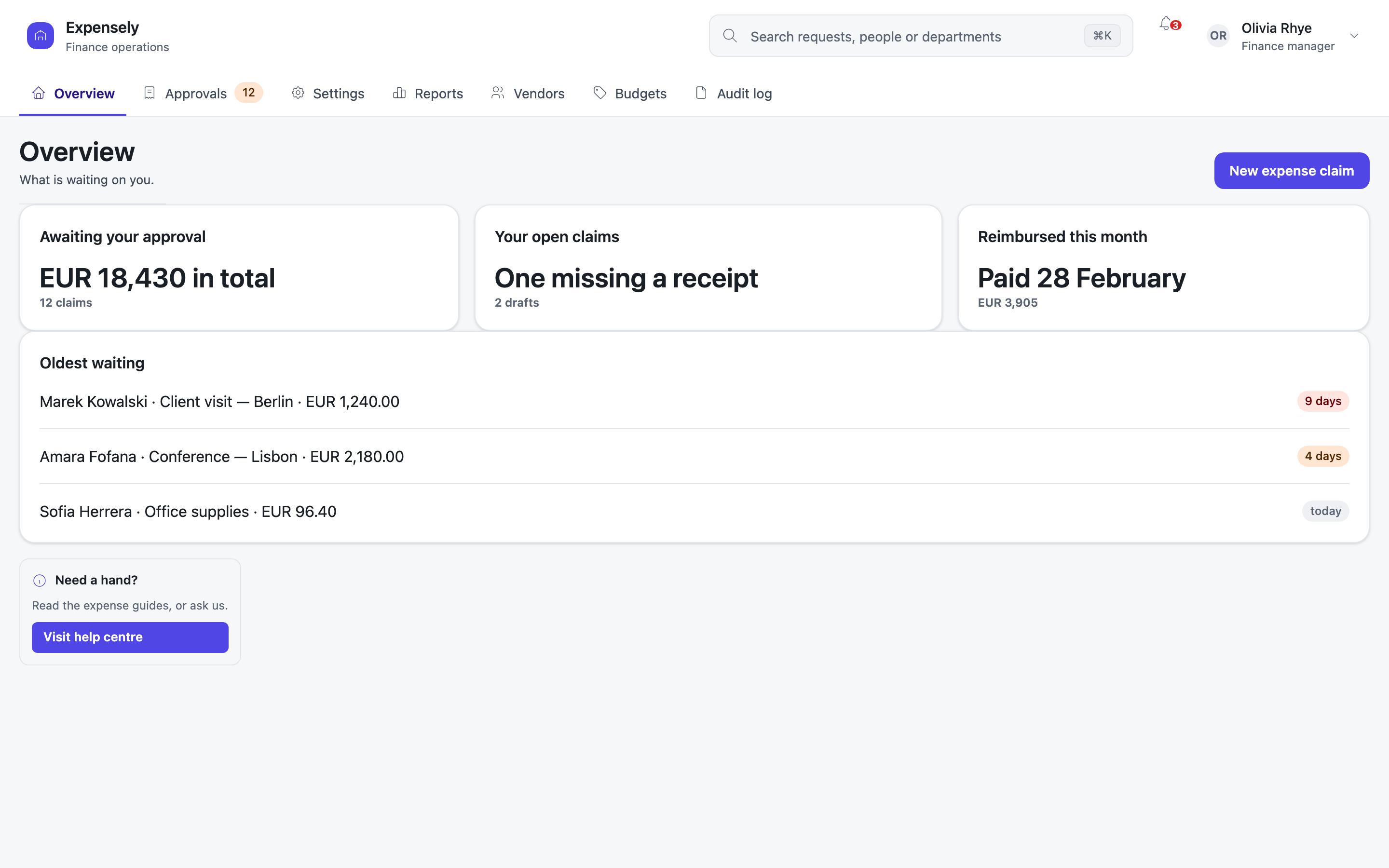 An expense app in a tabbed shell: seven tabs under the brand row