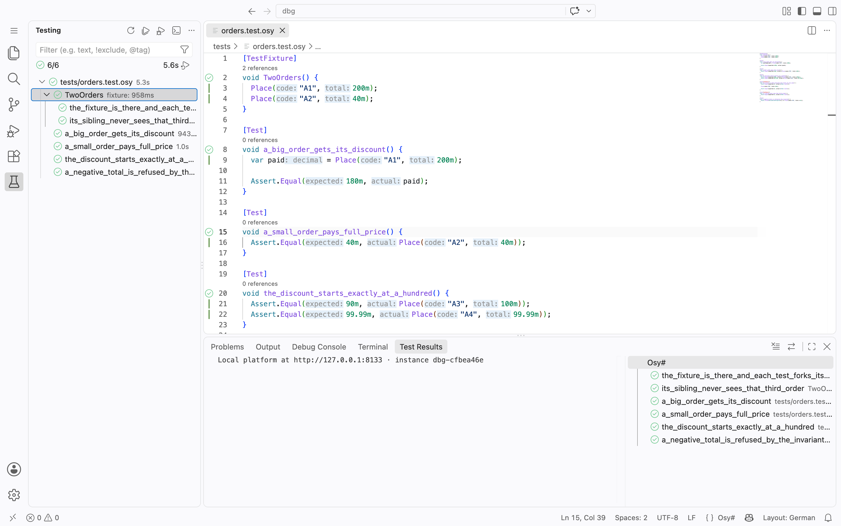 The VS Code Test Explorer running an Osy# suite: six green tests grouped by file and fixture