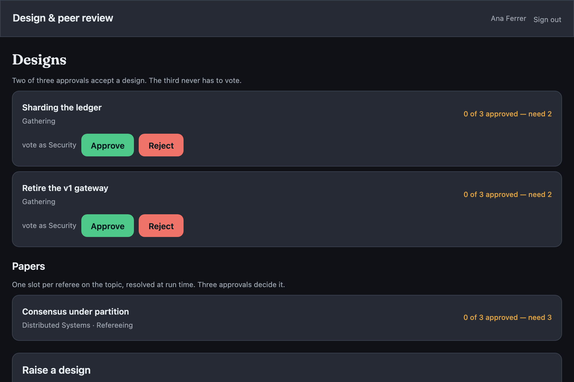 The wf-fanout-quorum sample, running: Security's own slot