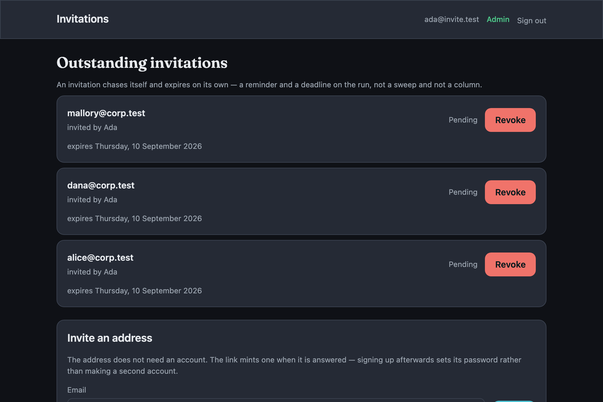The wf-signup-invite sample, running